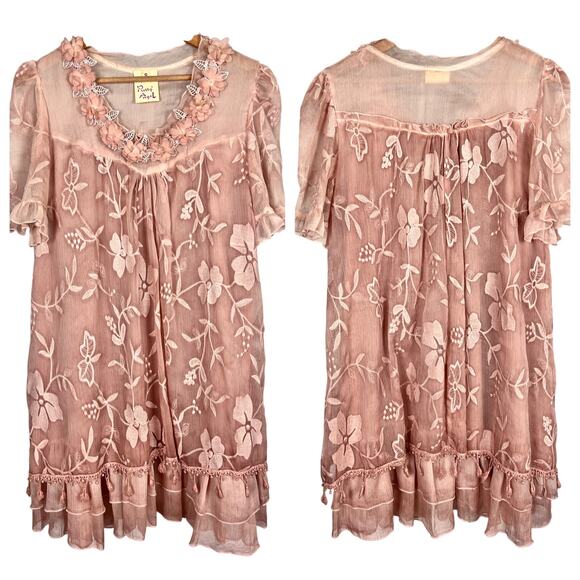 PRETTY ANGEL Women's S Pink Silk Blend Chiffon Babydoll Embroidered Floral Dress - Picture 1 of 10